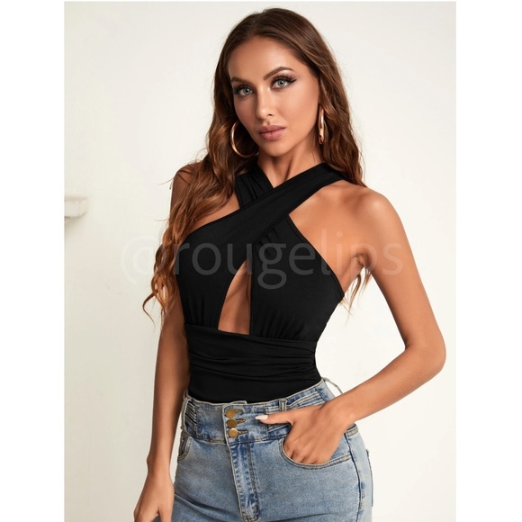 Criss Cross Front Black Bodysuit Cut Out Keyhole Slim Fit - Picture 6 of 8